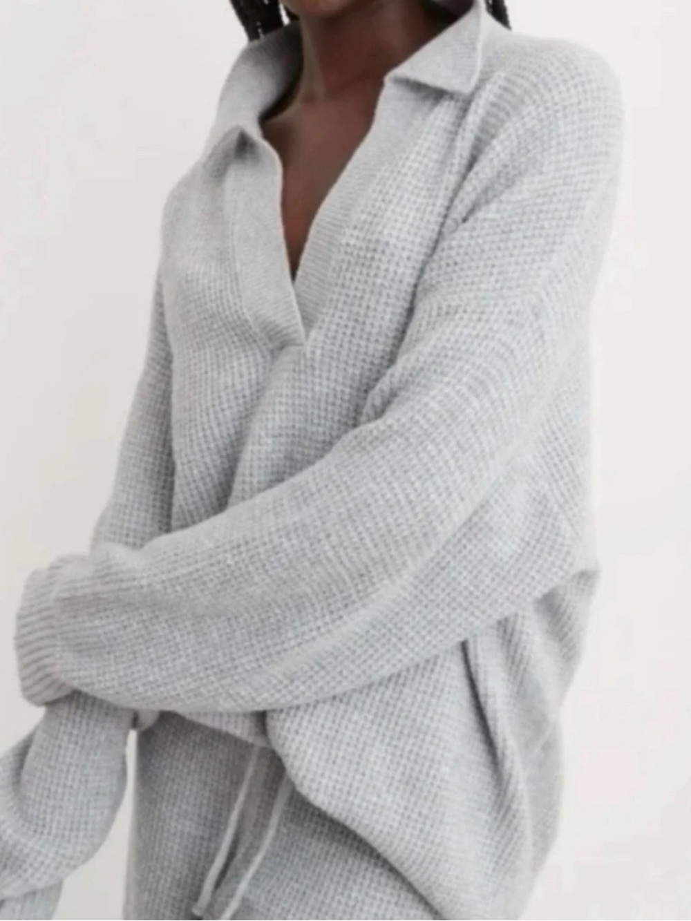 Aerie Cozy Up Waffle Knit Polo Sweater Baggy Oversized Grey M Slouchy Cozy Soft